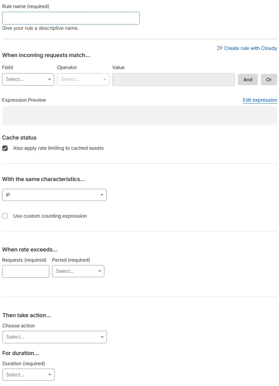 Cloudflare 仪表板中的 Create rate limiting rule 页面