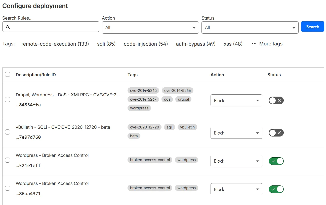 Cloudflare 仪表板显示 Cloudflare Managed Ruleset 中的规则列表。