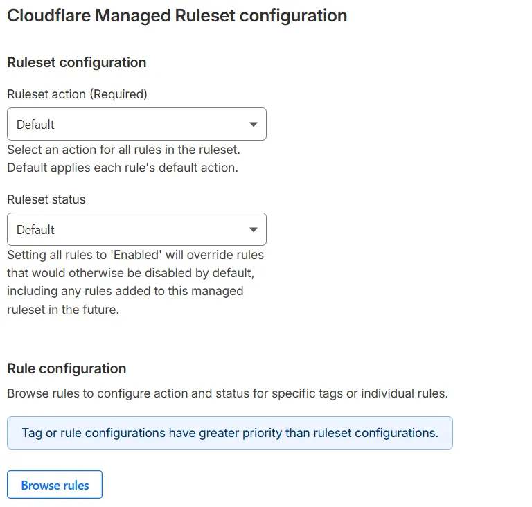 配置部署页面，显示用于覆盖 Cloudflare Managed Ruleset 中所有规则的可用选项：规则集操作和规则集状态。
