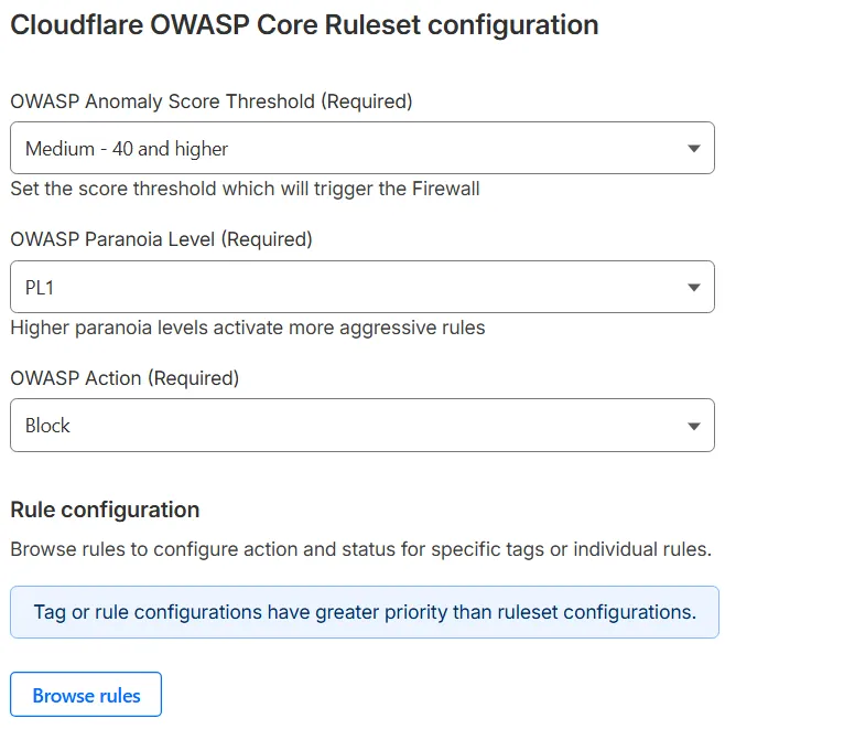 配置部署页面，显示用于覆盖 OWASP Core Ruleset 中所有规则的可用选项：OWASP Anomaly Score Threshold、OWASP Paranoia Level 和 OWASP Action。