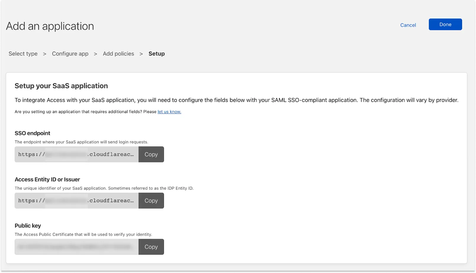 从 Cloudflare One 复制 SaaS 应用程序的 SSO 设置