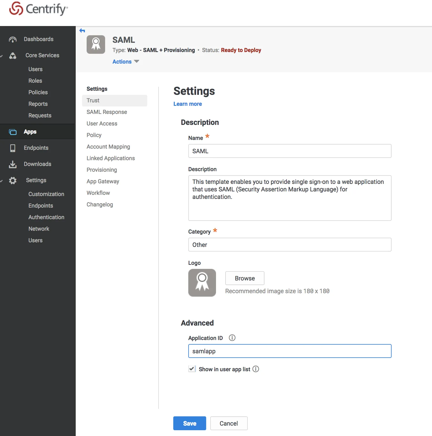 包含模板文本的 Centrify 设置添加应用程序详情页面