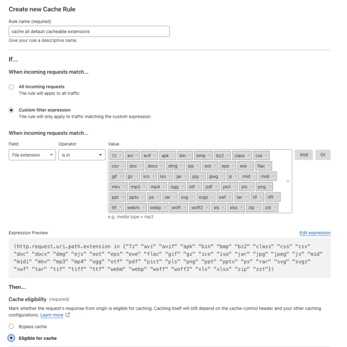 创建符合缓存条件的规则