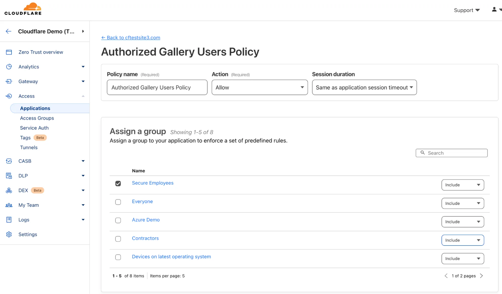 Cloudflare 允许向一个应用程序分配多个 Access 组，以执行一组预定义的策略。