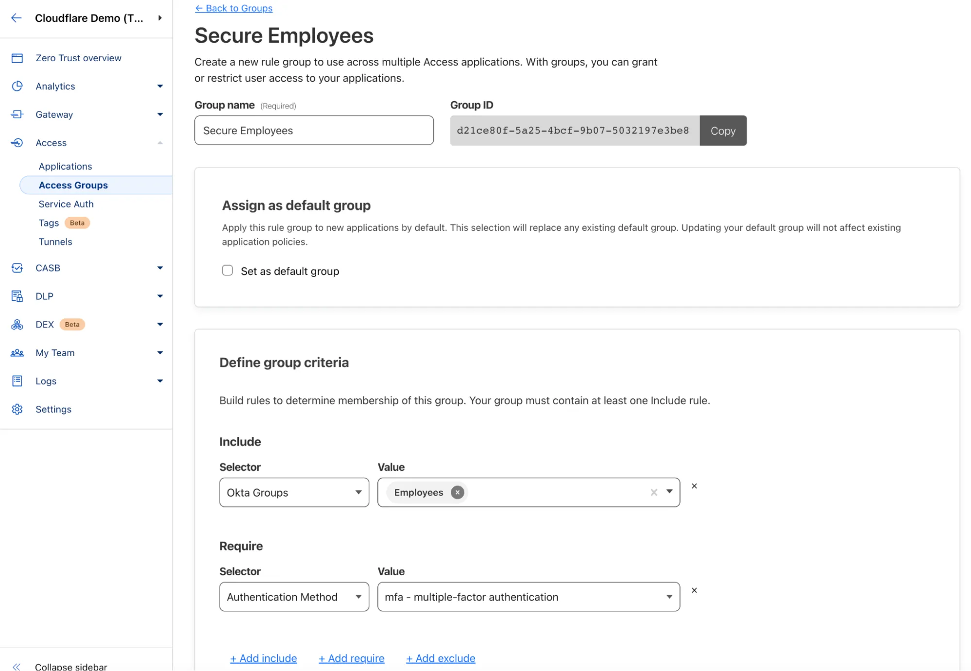 Cloudflare Access 组允许简单地定义特定组/个人访问应用程序的标准。