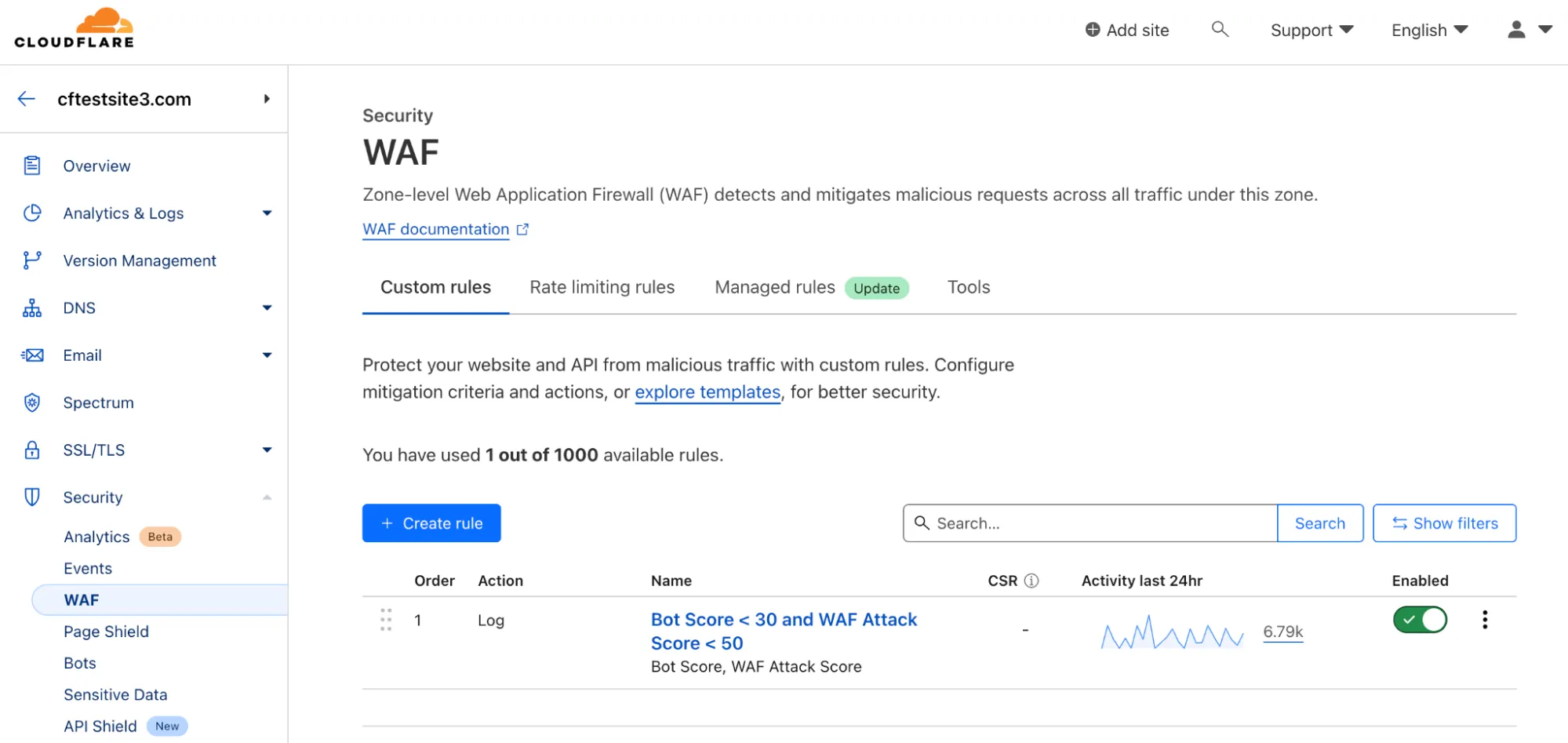 Cloudflare WAF 允许轻松配置规则，并能查看该规则被触发的频率。