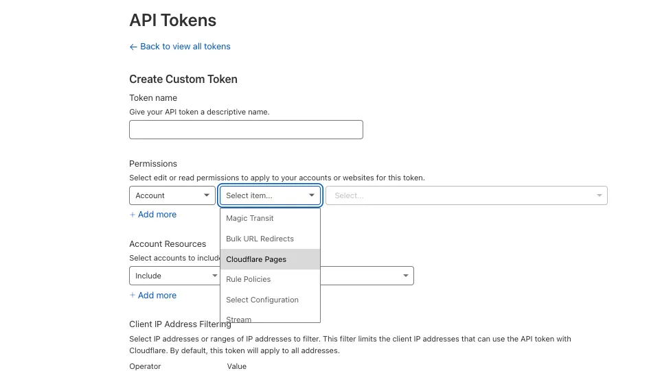 按照上述说明为 Cloudflare Pages 创建 API 令牌