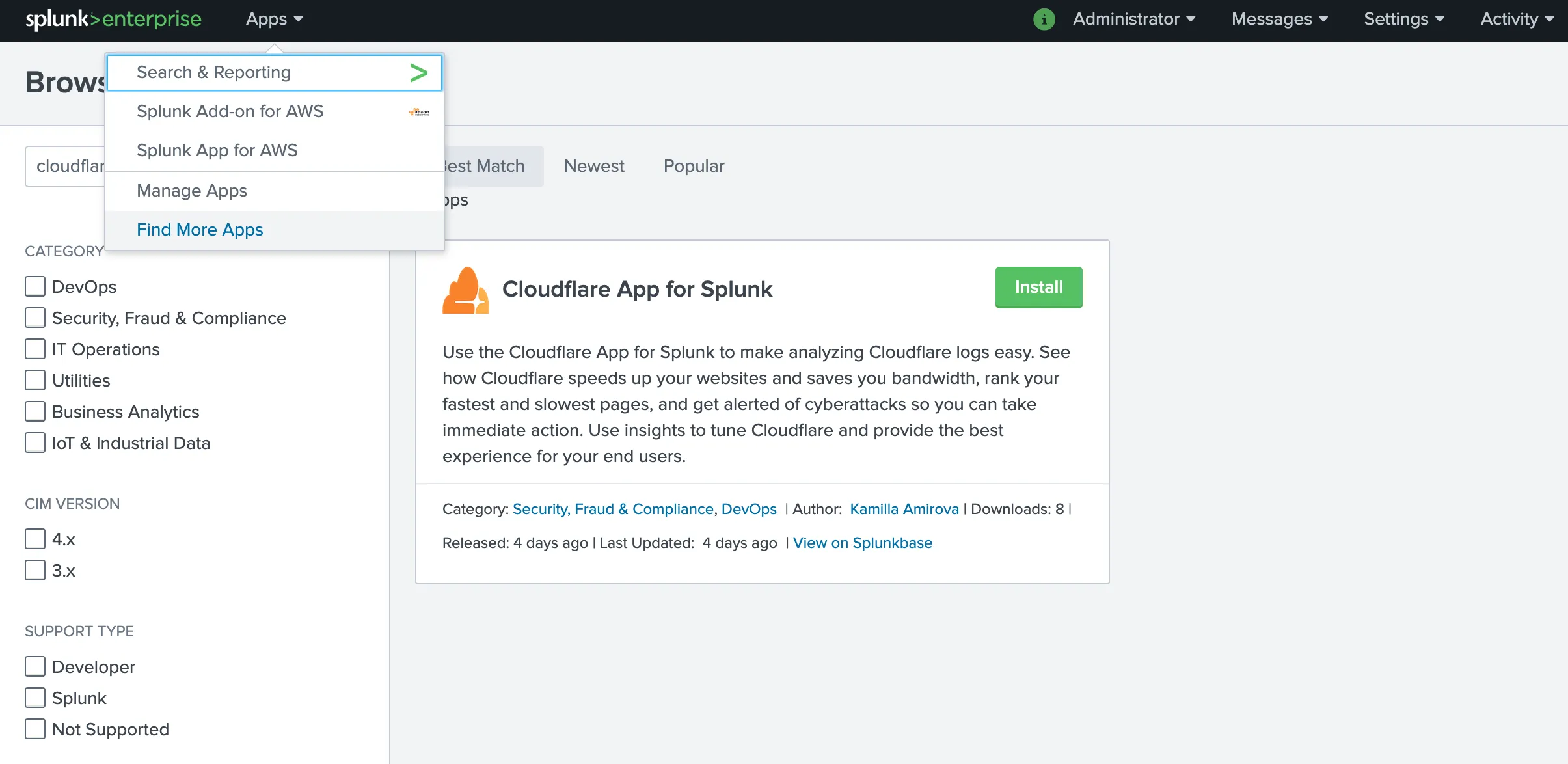 Splunk 网站展开 Apps 菜单，显示 Search & Reporting 菜单项以及 Cloudflare App for Splunk