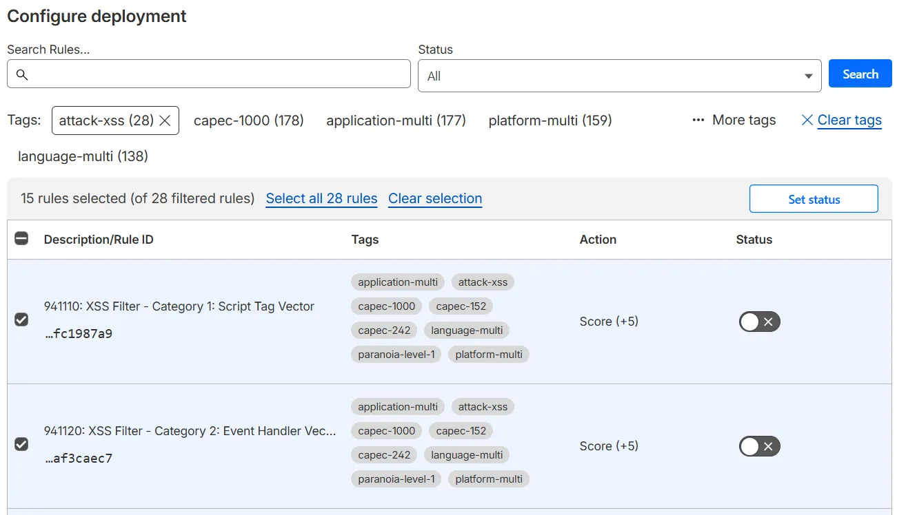 “配置部署”页面，显示 Cloudflare OWASP 核心规则集中带有 'attack-xss' 标签的选中规则。