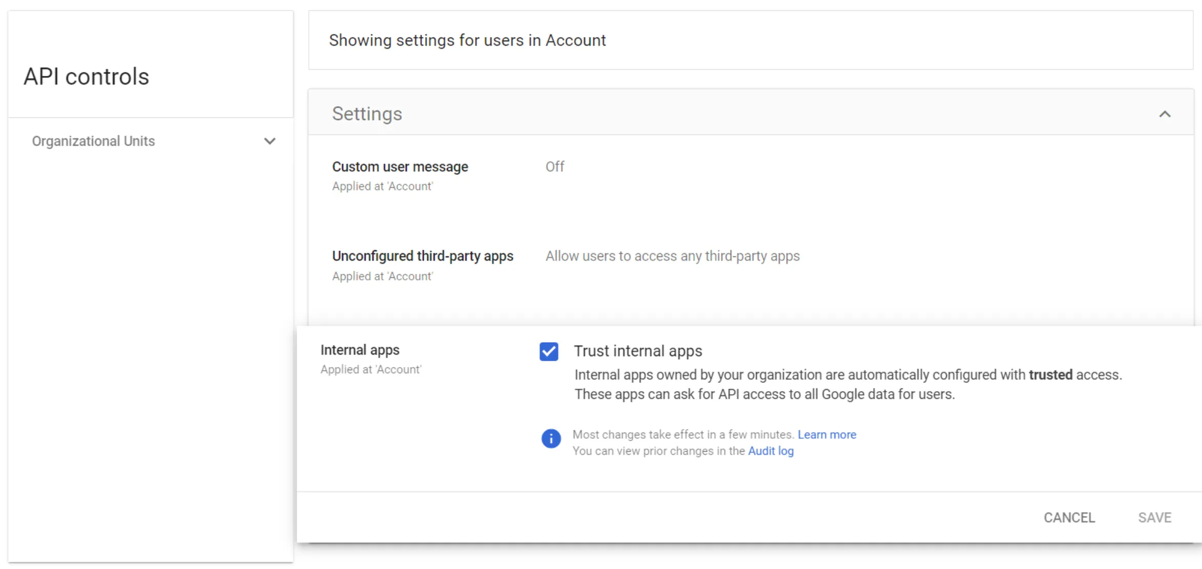 在 Google Cloud Platform 控制台中信任内部应用的位置。