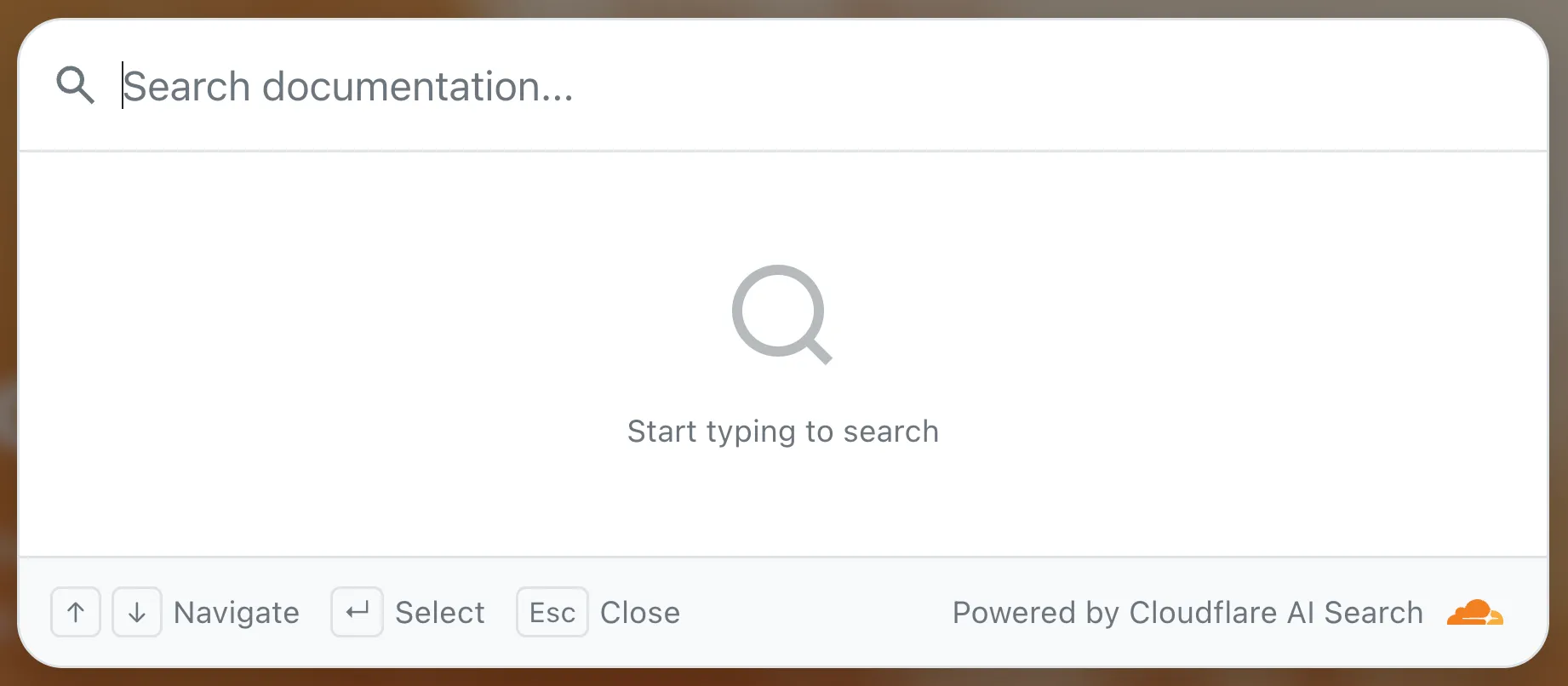 在站点上打开的 AI Search 模态框，显示搜索输入框、键盘导航提示，以及 Powered by Cloudflare AI Search 标签。