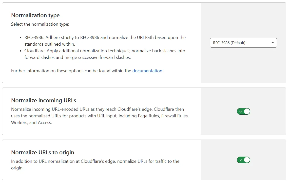 Cloudflare 仪表板中可用的 URL 规范化设置