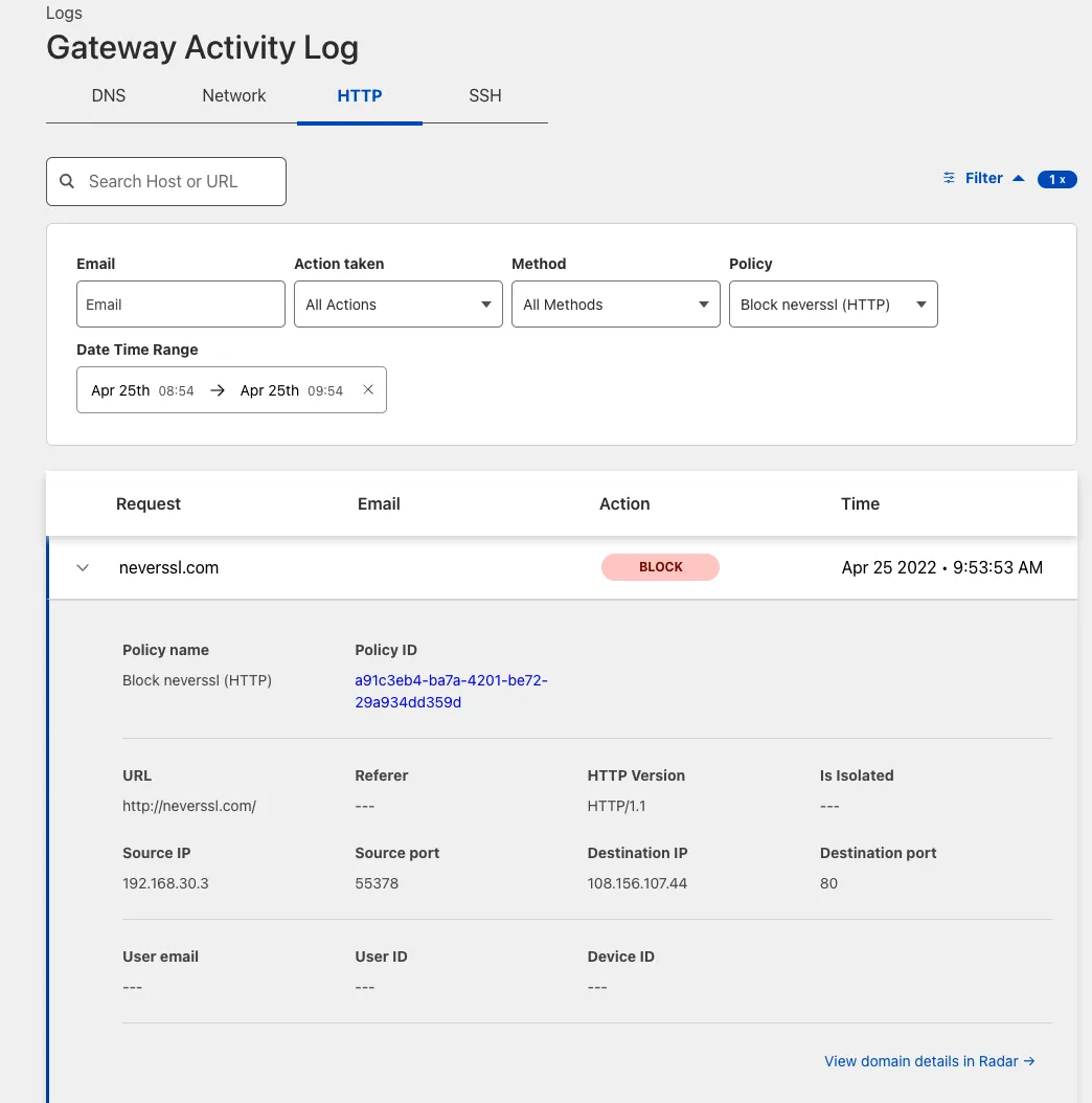 Cloudflare 仪表板中 Gateway 活动日志里的被阻止日志