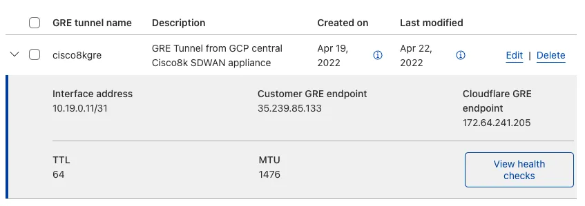 Cloudflare 仪表板中已建立的 GRE 隧道