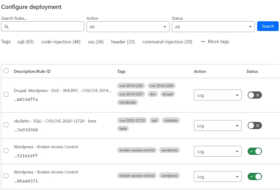 Cloudflare 仪表板显示 Cloudflare Managed Ruleset 中的规则列表