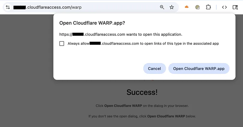 浏览器弹出窗口请求允许打开 Cloudflare One Client