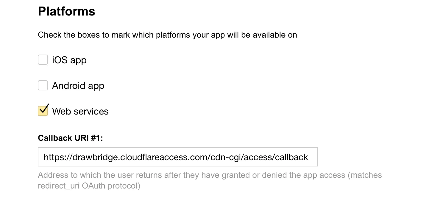 Yandex Platform 界面，已勾选 Web services，并在表单字段中填写 callback URI
