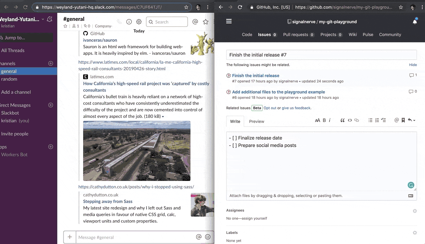创建新 issue 时，Slackbot 现在将出现在 Slack 频道中